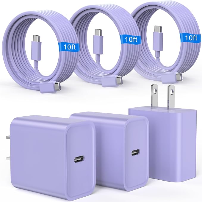 iPhone 17 16 15 Charger Fast Charging 10FT Long Cord with USBC Block Purple | 3 Pack PD 20W USB C Charger with Cord, Type C Chargers Block for iPhone 17/17 Pro/17 Pro Max/16/16 Pro/16 Pro Max/15 by AXAYINC