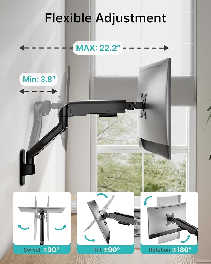 PEGZONE Single Monitor Wall Arm 17"-40" Ultrawide 26.4Lbs VESA Black | Fully Adjustable, Space Saving Design, VESA 75x75 & 100x100, For Home Office Gaming, Supports Ultrawide Displays - Image 3