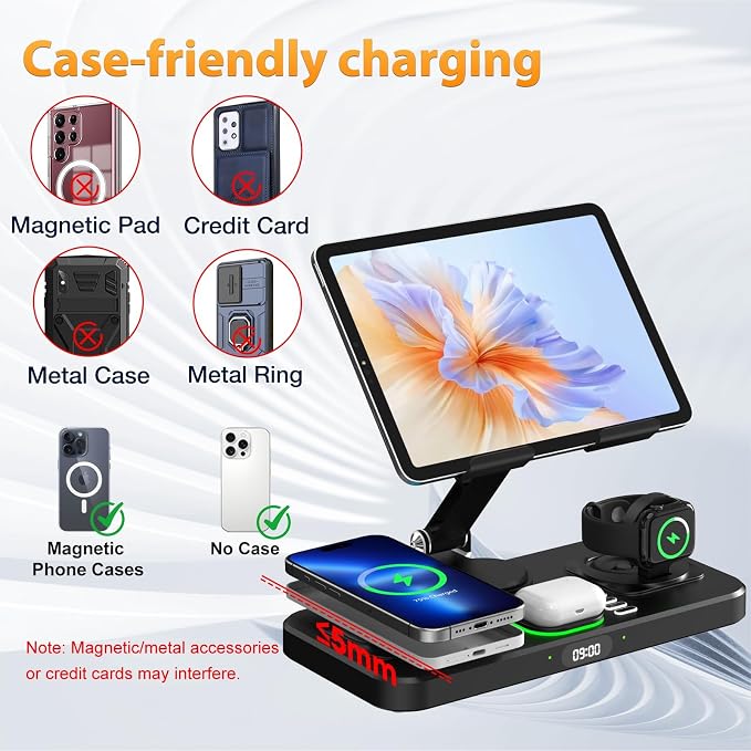 Wireless Charging Station for Apple Devices, Only for Apple Watch Charging | Included Type-C Cable for Tablet Charging, Foldable Wireless Charging Station, 7 Cycling Ambient Lights, Time Clock Display - Image 7