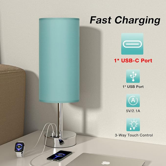Teal Touch Table Lamp for Bedroom - Bedside Desk Lamp for College Dorm | USB A+C Ports, 3-Way Dimmable, LED Bulb Included, Teal Fabric Lampshade, Silver Metal Base, Compact 14" Night Stand Lamp - Image 3