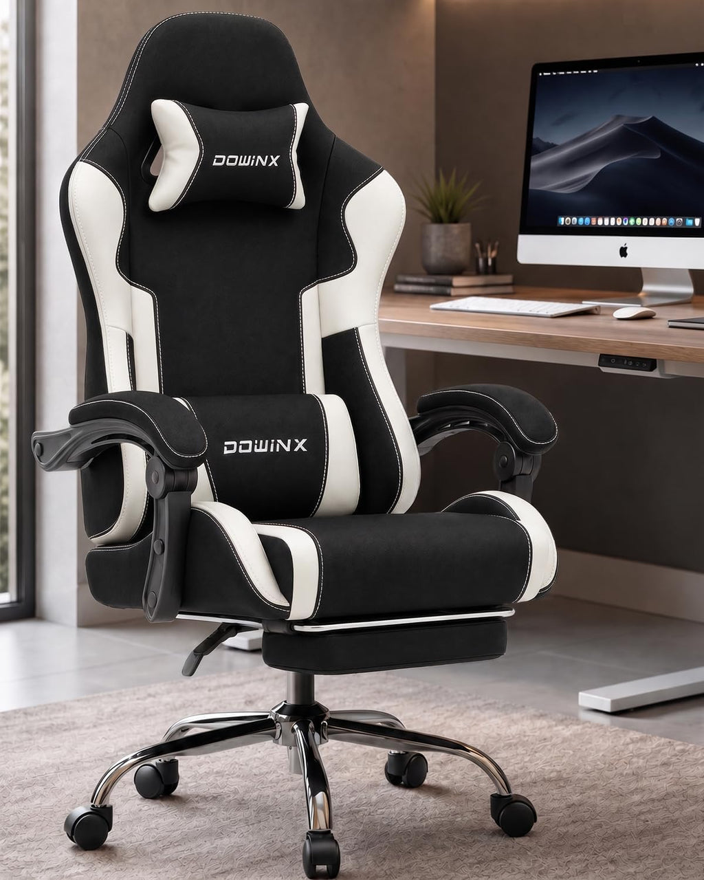 Dowinx Ergonomic Gaming Chair with Footrest & Massage Lumbar, 2D-Linkage Armrests for Computer Chair 330lbs with Headrest Pillow for Office, Home, Streaming and Long Gaming Sessions, Fabric White - Image 2