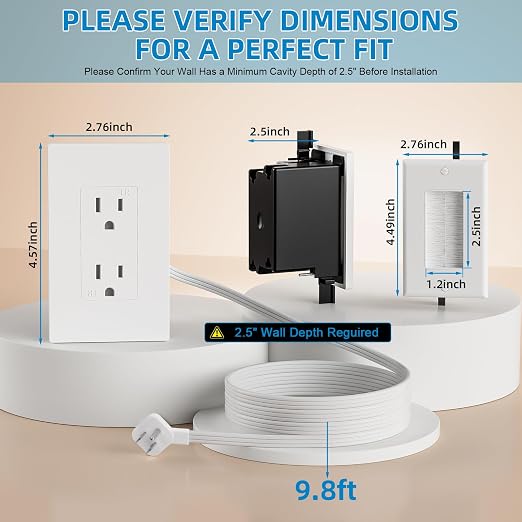in Wall Cable Management Kit,Recessed Outlet Box for Wall Mount TV, Outlet Relocation Kit for Relocating Unreachable Electrical Outlets,2 AC Outlets,in Wall Extension Cord - Image 2