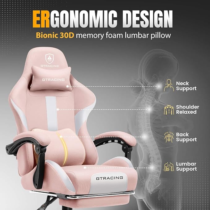 GTPLAYER Gaming Chair with Foot Rest & Pocket Spring Cushion, Ergonomic High Back Computer Desk Chair with Headrest & Lumbar Support for Back Pain Relief, Breathable Fabric, Pink - Image 5