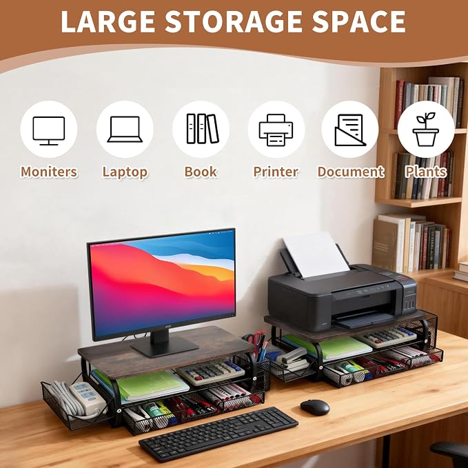 Desk Organizers and Accessories Monitor Riser, Monitor Stand with Drawer (2-Tier Drawers) with Large Side Storage Rack & Cable Management,66LBS/30KG, Office Organization, Walnut Brown - Image 7