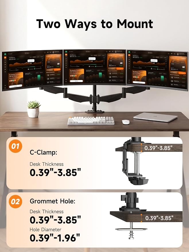Triple Monitor Mount for 17 to 34 inch Screens, Holds up to 26.45lb, Adjustable Triple Monitors Stand for Desk with Tilt, Swivel, Rotation, Clamp & Grommet Kit, VESA 75/100mm, Black, MDX003P - Image 9