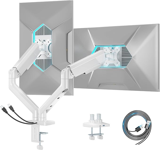 ARES WING Dual Monitor Mount with USB for 2 Monitors for 17-35 inch, White | Heavy Duty Monitor Arms for 2 Monitors, Fully Adjustable Monitor Desk Stand for Ultrawide Screen, VESA 75x75 or 100x100mm by ARESWING