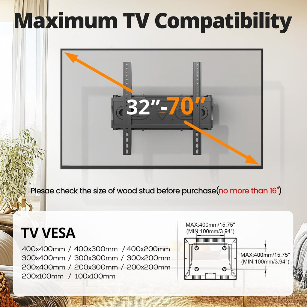 50 55 65 inch Full Motion TV Wall Mount for 32-70 inch TV Bracket,Dual articulating Arms Mount, Tilt Swivel Extension Level, Max VESA 400x400mm, 16" Studs, 110 lbs,Fit Most 40 43 50+ TVs - Image 3