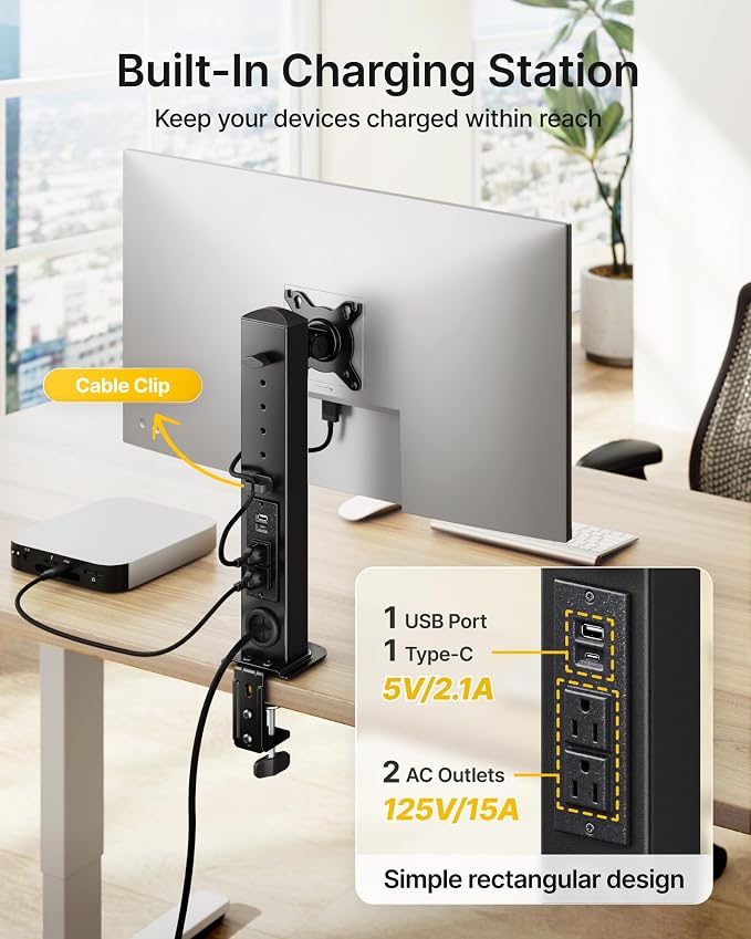 monTEK Powered Single Monitor Stand for 17-32", Clamp/Grommet | Heavy-duty monitor desk mount, integrated power outlet, adjustable arm and clamp/grommet mounting options - Image 3