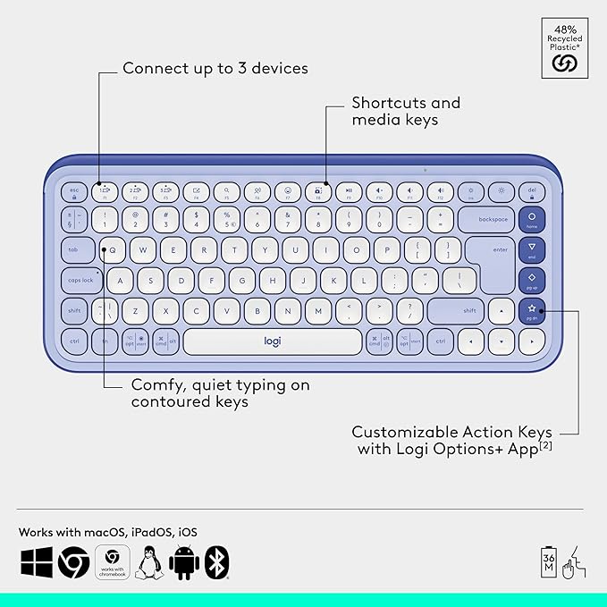 Logitech POP ICON Combo Wireless Bluetooth Keyboard and Mouse - Lilac | Comfortable typing, programmable keys and buttons, Easy-Switch up to 3 devices - Image 6