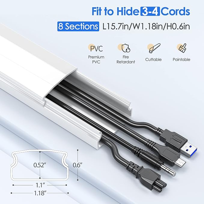 Yecaye TV Cord Hider, 125in Cord Cover, W1.18in H0.6in, White | Large Cable Hider, Wire Covers for 4 Cords, Cable Raceway Wire Hiders for TV on Wall, Cable Cover Cord Concealer - Image 2