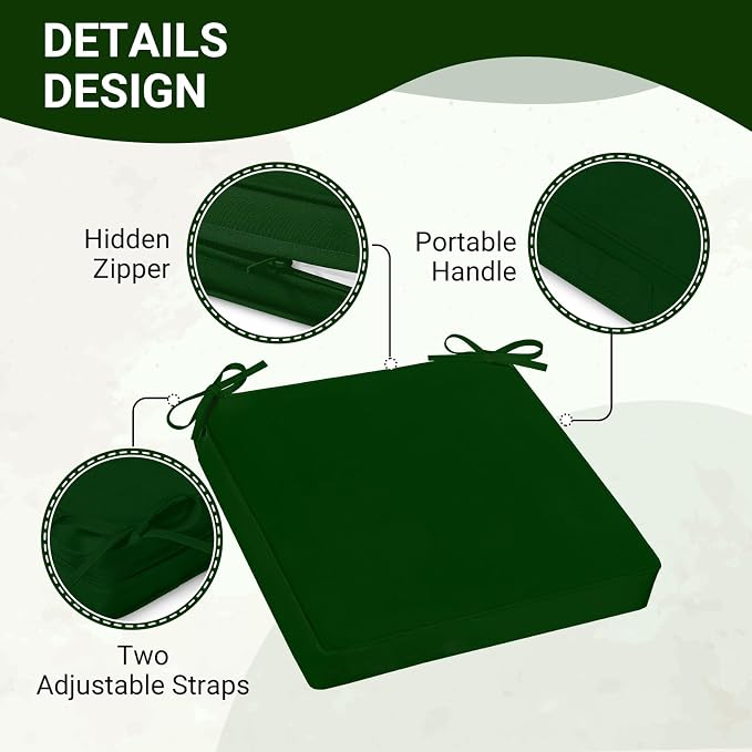 downluxe Waterproof Outdoor Chair Cushions for Patio Furniture, 22" x 22" x 3" Patio Chair Cushion with Non-Slip Ties & Portable Handle, Forest Green, 2 Pack - Image 3