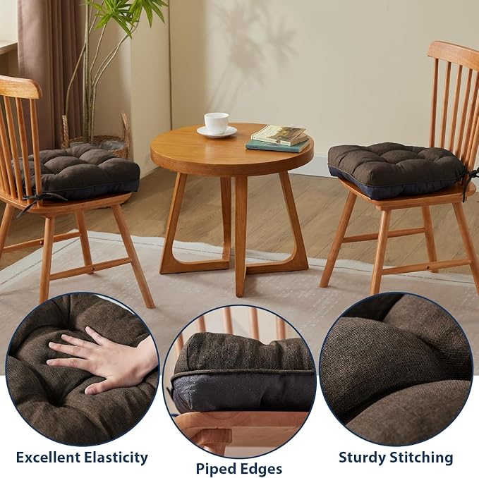 IASEAHK Chair Cushions for Dining Chairs, Seat Cushions for Kitchen Chairs, Indoor Seat Cushions with Ties, Tufted Foam Chair Pads, Non Slip Chair Cushions Set of 2, 15.5" x 15.5" x 4", Brown - Image 4