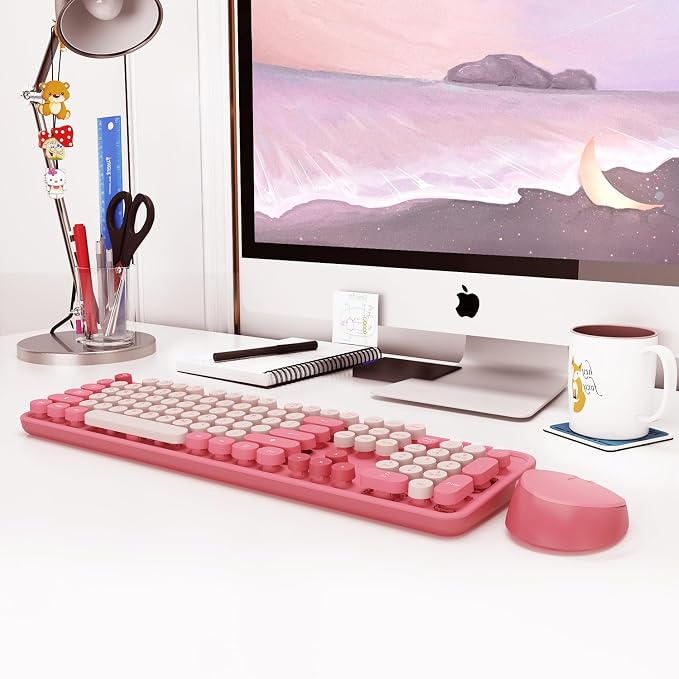 Colorful Wireless Keyboard and Mouse for PC Laptop | Cute Colorful Typewriter Retro Round Keyboard and mouse for PC Laptop - Image 8