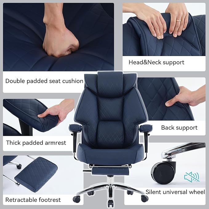 EXCEBET 400lbs Big and Tall Executive Office Chair, Blue PU Leather | Retractable footrest, 135° recline, Lumbar support, Ergonomic high back, Heavy-duty design, Thick cushion, Padded armrests - Image 7