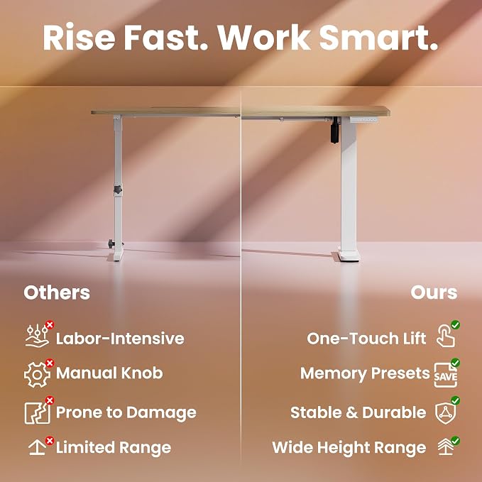 HUANUO 48x24 Inch Electric Standing Desk, Height Adjustable, Natural | 176 Lbs Capacity, Smooth Home Office Desk, 4 Memory Presets & Headphone Hooks, 28.3–46.5 Inch Height Range, Easy to assemble - Image 6