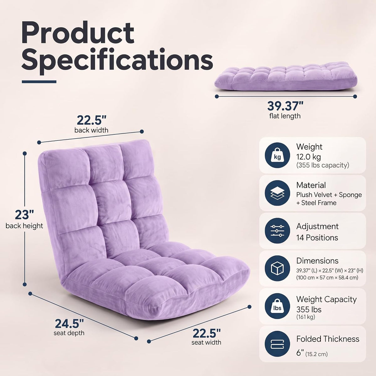 GAOMON 14-Position Adjustable Floor Chair, Folding Lazy Sofa with Backrest - Image 2