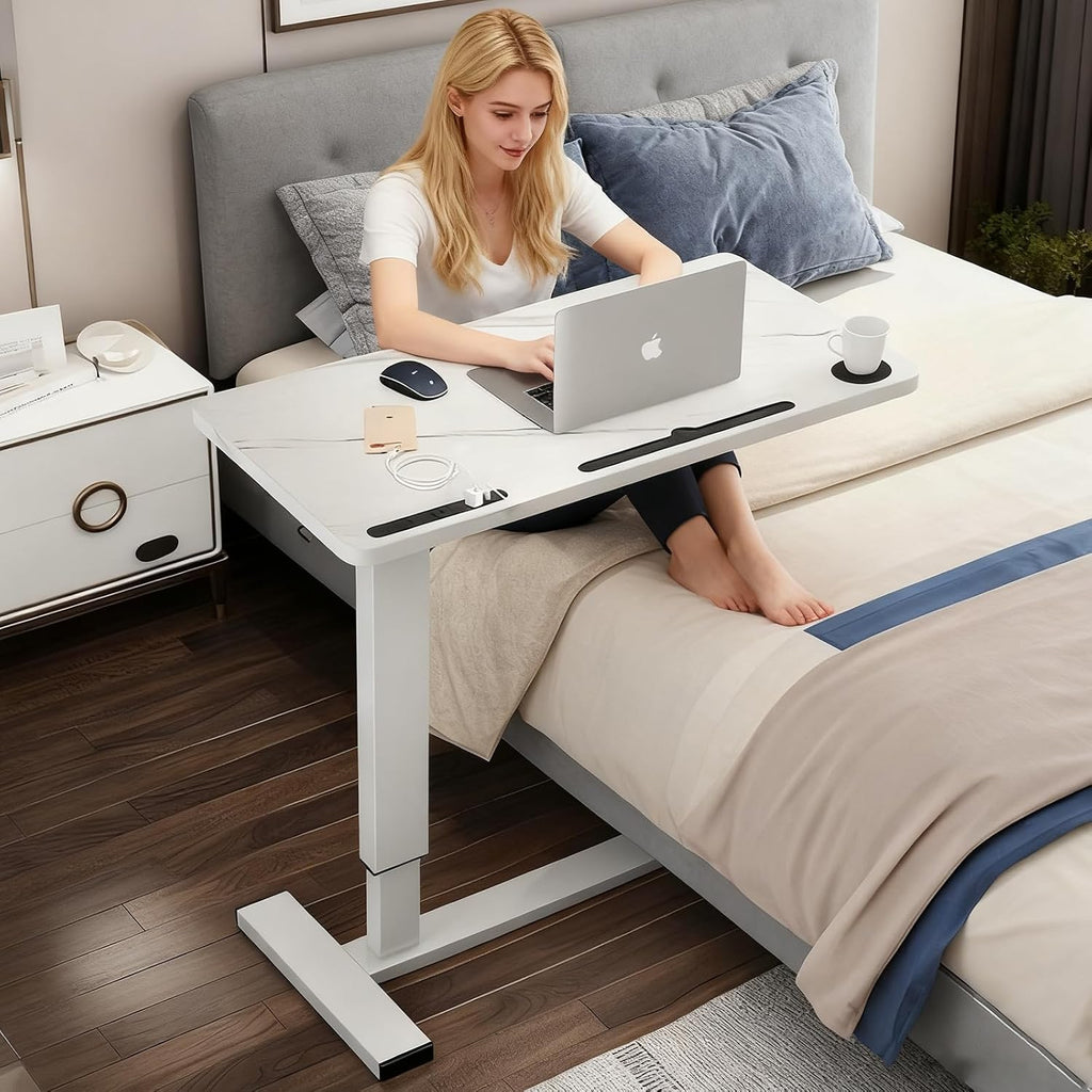 Overbed Table with Wheels & USB,Pneumatic Height Adjustable Bedside Table by BeGyoku
