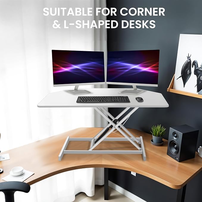 34 inch White Corner Height Adjustable Standing Desk Converter, One-Click Sit to Stand up Desk Riser, Pre-Assembled Dual Monitor and Laptop Workstation - Image 8