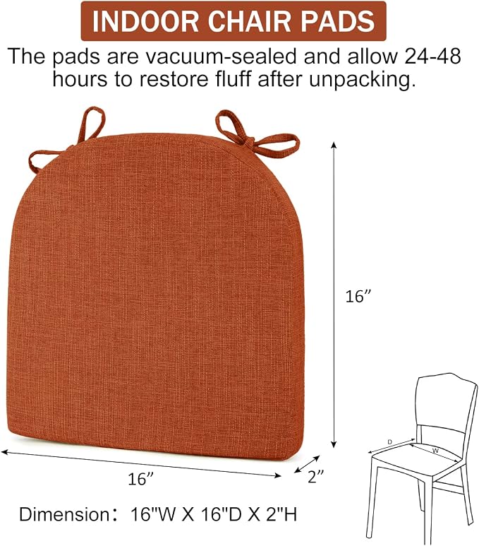 downluxe Indoor Chair Cushions for Dining Chairs, Soft and Comfortable Textured Foam Kitchen Chair Pads with Ties and Non-Slip Backing, 16" x 16" x 2", Orange, 6 Pack - Image 6