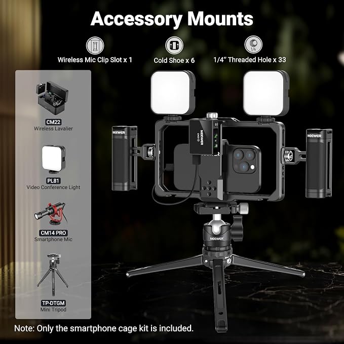NEEWER Upgraded Phone Rig Vlogging Kit, Video Stabilizer with Dual Handle, Wireless Mic Clip Slot for TikTok YouTube, Compatible with SmallRig iPhone 17 Pro Max 16 16e 15 Galaxy S25 Ultra, PA009 - Image 2