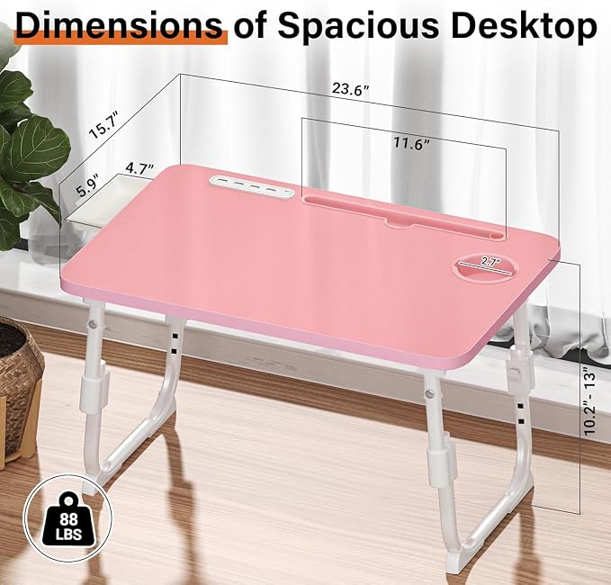 Lap Desk for Bed Adjustable Height with USB Port 23.6" x15.7" Desktop | Storage Drawer, Bookshelf, Fits 17" Laptop, For couch WFH Study, Foldable Non-Slip No Assembly Sturdy Lightweight Pink - Image 4