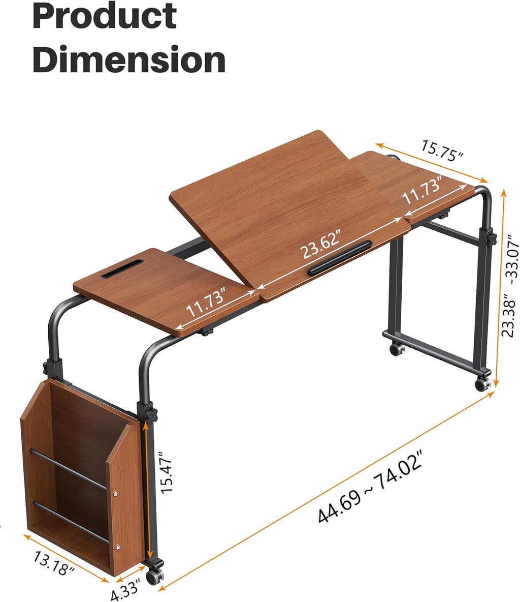 Laptop Desk for Bed,6-Angle Adjustable Overbed Table with Wheels,Adjustable Height and Length Bed Table for Laptop with Side Bookshelf,Standing Desk,Over Bed Desk for Working Hospital Home (Oaken) - Image 2
