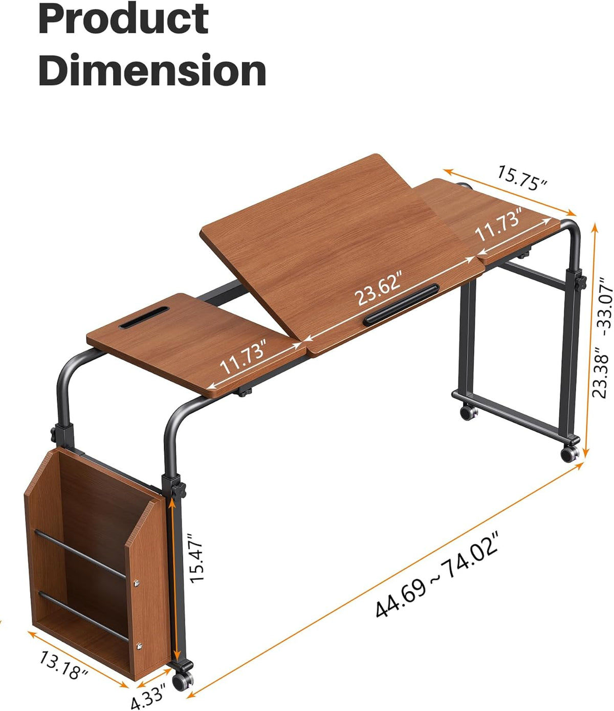 Laptop Desk for Bed,6-Angle Adjustable Overbed Table with Wheels,Adjustable Height and Length Bed Table for Laptop with Side Bookshelf,Standing Desk,Over Bed Desk for Working Hospital Home (Oaken) - Image 2