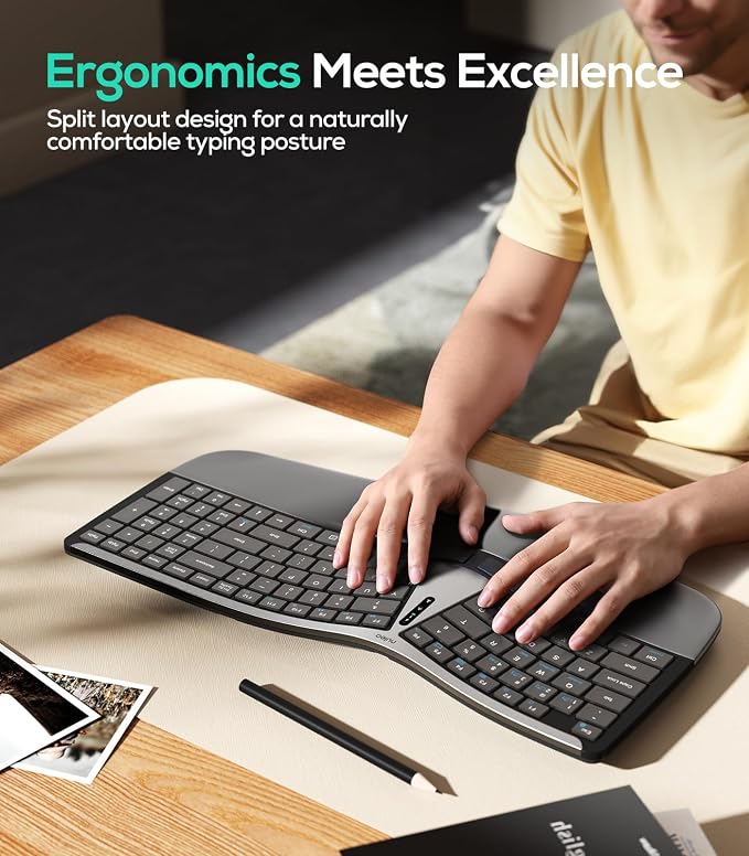 Nulea RT07B Wireless Ergonomic Keyboard - Split Keyboard, Wrist Rest, Natural Typing, Bluetooth and USB Connectivity, USB-C Rechargeable,Compatible with Windows Mac (Silver White) - Image 2
