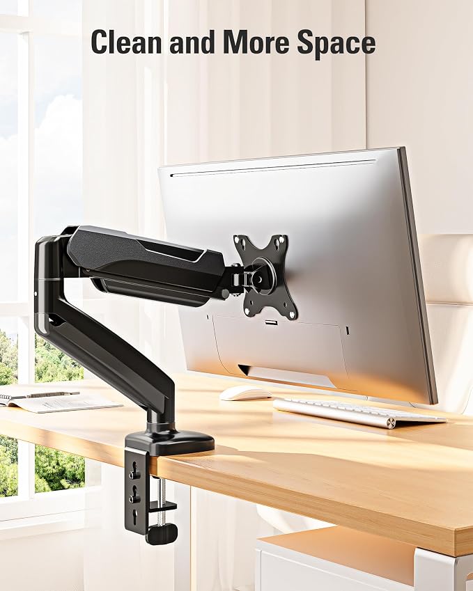 Single Monitor Mount, Gas Spring Monitor Arm for 17-32 Inch Computer Screens, Adjustable Monitors Stand for Desk, 75x75/100x100mm VESA Mount, with Clamp and Grommet Base, Holds 4.4-17.6lbs - Image 9