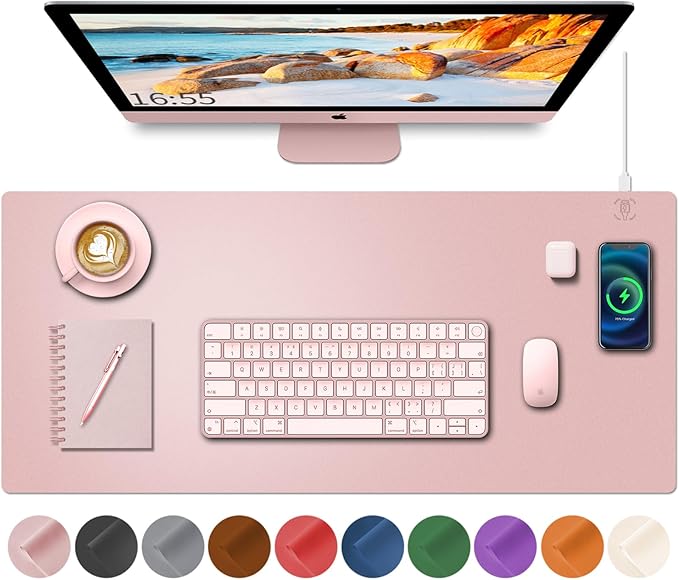 Desk Mat with Wireless Charging, Pink Mouse Pad with Wireless Charger, Desk Pad Matt for Desktop, Mousepad Gaming Large Mouse Pad, Leather Compute for Keyboard and Mouse, 32" x 16" by HopeLum
