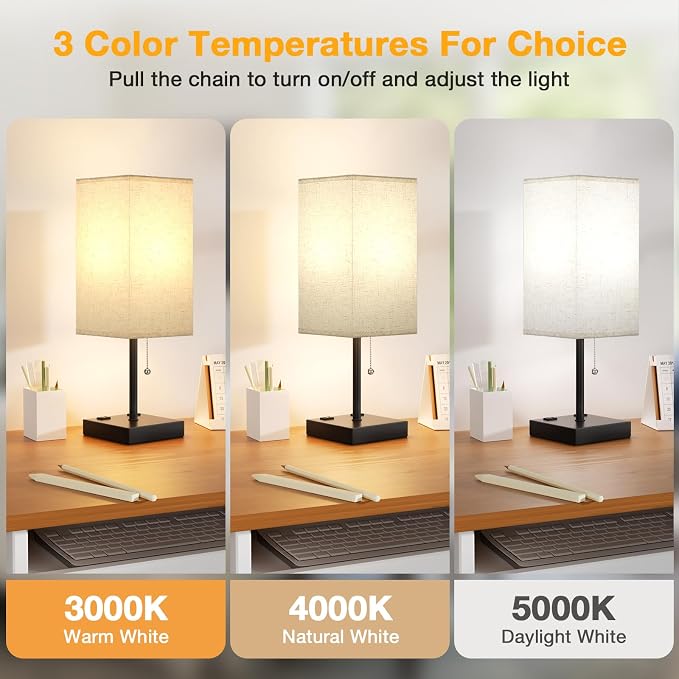 aooshine 17.4" Beige Bedside Table Lamp for Bedroom - USB C+A, 2 AC Outlets | Pull Chain Lamp, 3 Color Modes(3000K/4000K/5000K), E26 LED Bulb Included, Square Beige Fabric Lampshade, for Read, Work, Dorm - Image 3