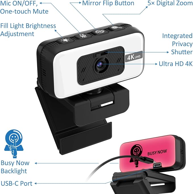 4K Webcam for PC, AutoFocus Webcam with Light for Desktop Computer | Web Camera with Microphone, FOV 80°, USB Plug and Play, Laptop Web Cam for Live Streaming, Online Teaching, Meetings - Image 5
