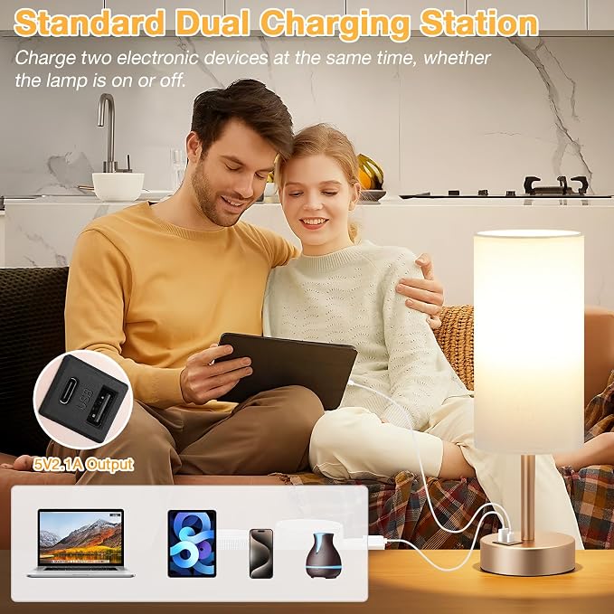 Dicoool Bedside Table Lamp for Bedroom - 3-Way Dimmable Touch Lamp, USB A+C | LED Bulb Included, 14" Small Nightstand Lamp for Desk, Living Room, Dorm, White Fabric Lampshade, Antique White Metal Base - Image 4