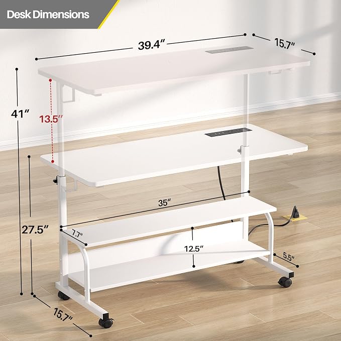 39" Rolling Standing Desk with Charging Station for Couch Bed | Height Adjust 27.5-41", 2 AC/3 USB, Mobile 4 Lockable Wheels, 2-tier Shelves Hook, Safe Corner Fast Assembly - Image 3
