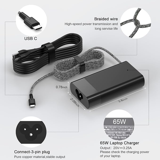 XOUBZ 65W USB C Laptop Charger Compatible with HP Laptop | fit for Envy X360,Elitebook,Spectre X360,Omnibook,Pavilion,Elite x2,Chromebook,Zbook,ProBook Type C Computer AC Adapter - Image 3