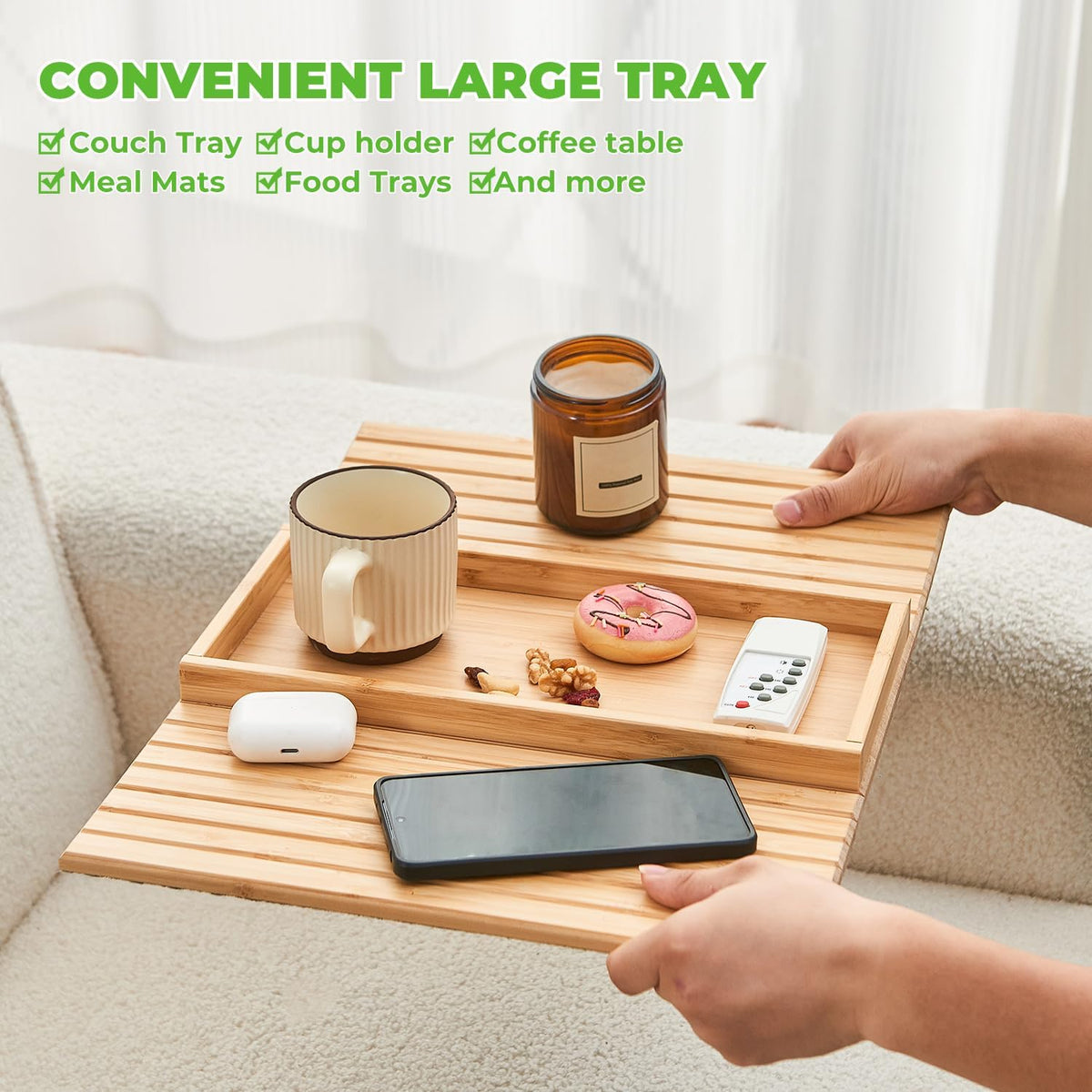 Bamboo Sofa Arm Tray, Anti Falling Couch Arm Tray Table, Foldable Couch Armrest Table, Portable Sofa Armrest Trays Cup Holder for Drink, Cups, Phone, Snacks, Remote - Image 3