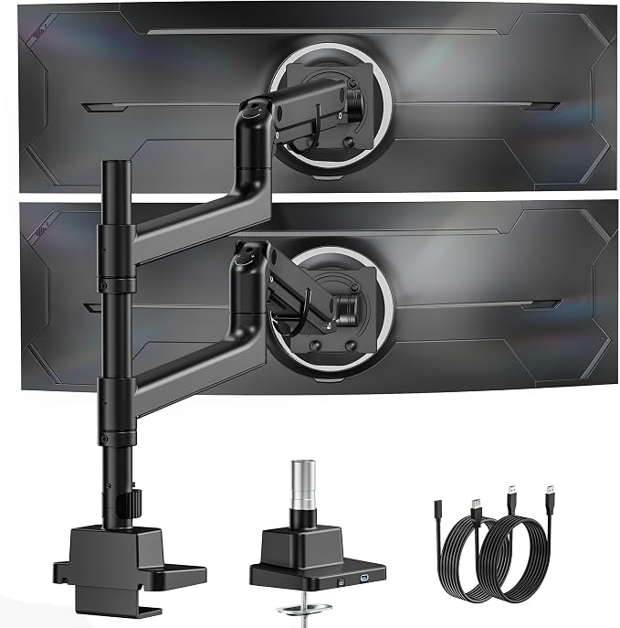 monTEK Dual Monitor Arm, Vertical Stackable 57", Heavy Duty with USB Black | Vertical Stackable Gas Spring Arm For 17–57" Ultrawide Monitors,Up To 59.4 Lbs Each, 75/100 VESA Mount with USB 3.0A/C by monTEK