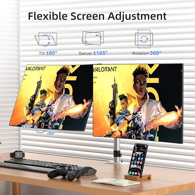 Suptek Dual Monitor Desk Mount, Adjustable Dual Monitor Arm for 2 Monitor Screens up to 38 inch, Extra Tall 15.75" Pole Monitor Stand for Desk, Holds up to 22 lbs,Silver(MD9442MS) - Image 7