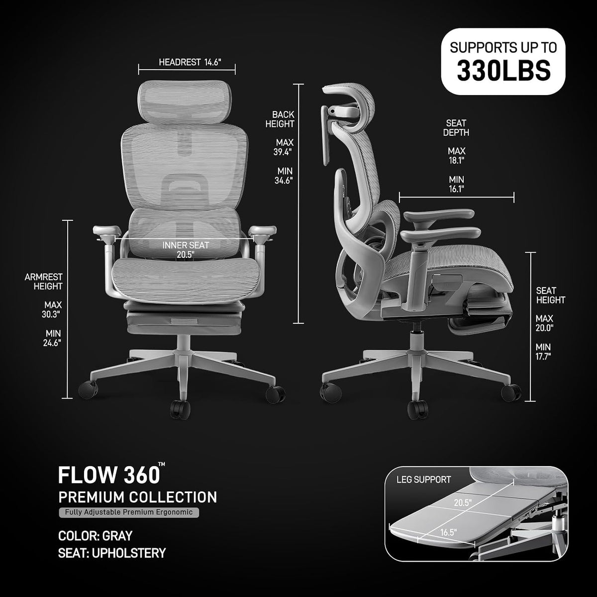 FLOW360 Ergonomic Mesh Office Chair with Footrest, Big&Tall Chair Gray MS - Image 2