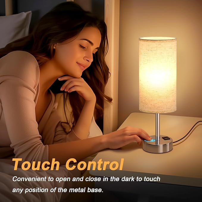 Dicoool Bedside Table Lamp for Bedroom - Touch Desk Lamp with USB A+C Port | USB A+C Ports, 3-Way Dimmable, LED Bulb Included, White Fabric Shade, Silver Metal Base, 14" Small Night Stand Lamp for Dorm - Image 5