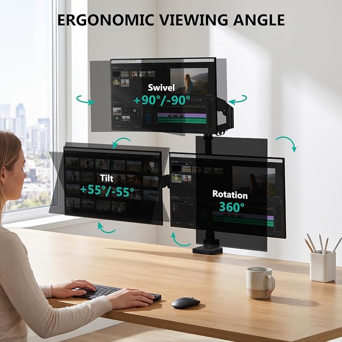 WALI Stacked Triple Monitor Mount for 49" UItrawides and Dual 34" Monitors | Heavy Duty 3 Monitor Arm up to 33 lbs, Full Motion with Tilt, Swivel, Rotation, C-Clamp & Grommet Base, VESA 75/100mm, Black - Image 3