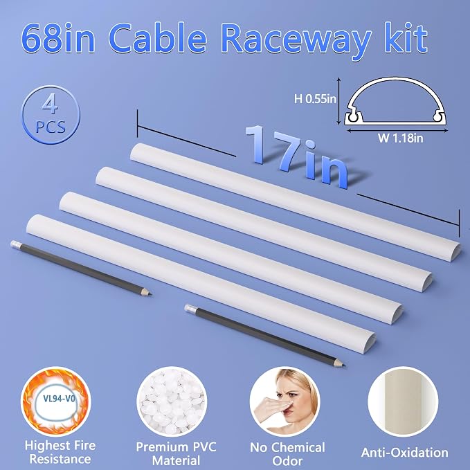 ZhiYo 68in Cord Hider for 2-3 Wall-Mounted TV Wires, 1.2"W x 0.55"H, White | Split-Hinge Design for Easy Installation, Half-Round Glazed Finish Ideal for Wall/Baseboard, Self-Adhesive, 4 Pack (17" Each) - Image 3