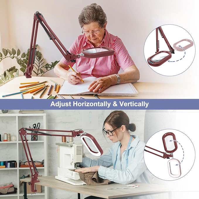 14.35" Large Magnifying Glass with Light and Clamp, Real Glass, 5 Color Modes, Stepless Dimmable, Lighted Magnifier with Stand Hands Free, LED Swing Arm Desk Lamp for Close Work, Craft, Red - Image 2