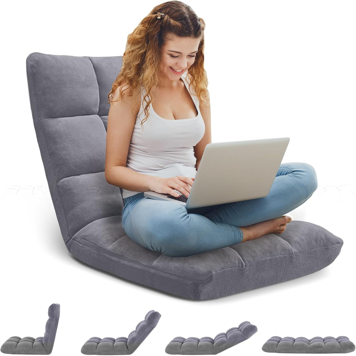 Folding Floor Gaming Chair 14-Poistion Cushioned Adjustable Floor Lazy Sofa Chair w/Breathable Cotton & Skin-Friendly Coral Velve for Adults & Kids Perfect for Reading Gaming Meditating, Grey - Image 4
