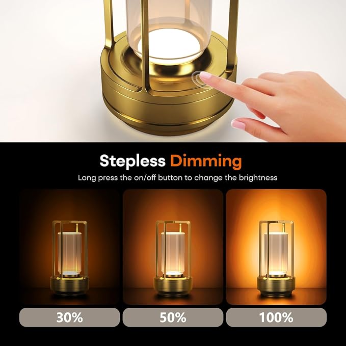 Rechargeable Cordless Small Metal Table Lamp, Stepless Dimming, 3-Color | Gold, 2600mAh Battery, Portable LED Desk Light, Cute, Suitable for Indoor/Outdoor/Restaurant/Bedroom/Bar/Coffee/Camping - Image 4