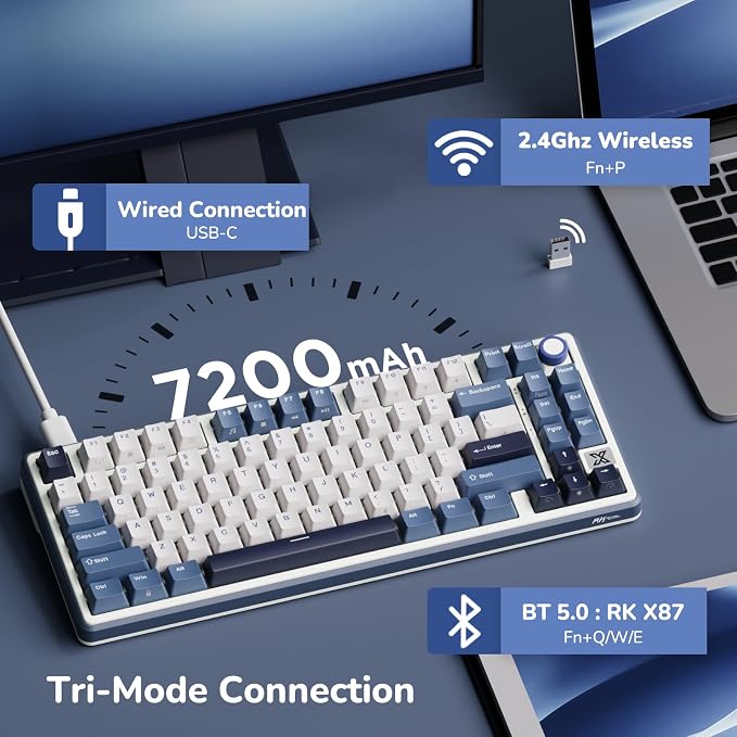 RK ROYAL KLUDGE X87 Gasket Mechanical Keyboard, 75% Wireless Gaming Keyboard with Touchable X-Plate & Volume Knob, Bluetooth/2.4GHz/Wired, Hot Swappable RGB Backlit (Blue, Tactile Beige Switch) - Image 5