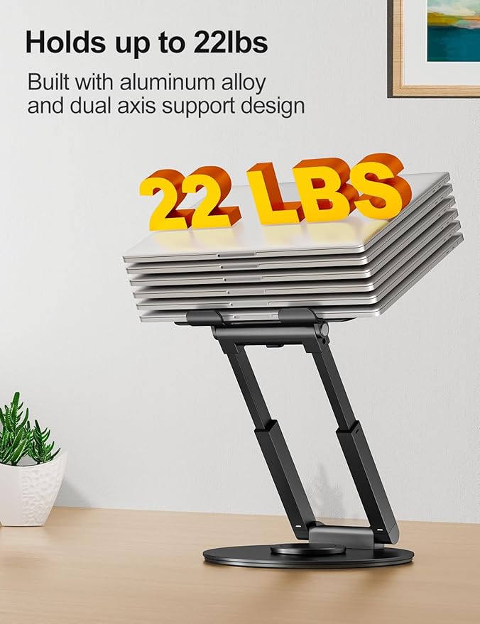 tounee Telescopic Laptop Stand for Desk with 360° Swivel Base, Sit to Stand, Height Adjustable, Portable Riser Holder for Good Posture, Compatible with MacBook Pro, All Laptops 10-17" - Black - Image 6