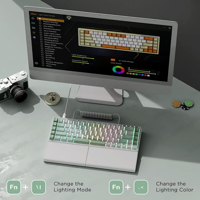 RK ROYAL KLUDGE S70 Ergonomic Split Keyboard, Linear Switch White | Wireless RGB Mechanical Keyboard with Bluetooth/2.4G/USB, 75% Hot Swappable Gaming Keyboards w/Fixed Wrist Rest, PBT Keycaps - Image 5