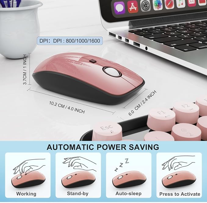 Wireless Keyboard and Mouse Combo, Retro Typewriter Style Keyboard with Round Keys, 2.4G Wireless Cute Keyboard and Mouse Set for PC, Laptop and Desktop-Black and Rose Gold - Image 4