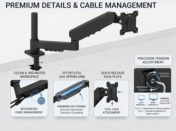 Long Reach Single Monitor Arm, Spring Desk Mount, 17-32 Inch, VESA | Long-reach spring arm adds movement space; rotatable arm collars and anti-slip rings support flexible screen positioning. - Image 3